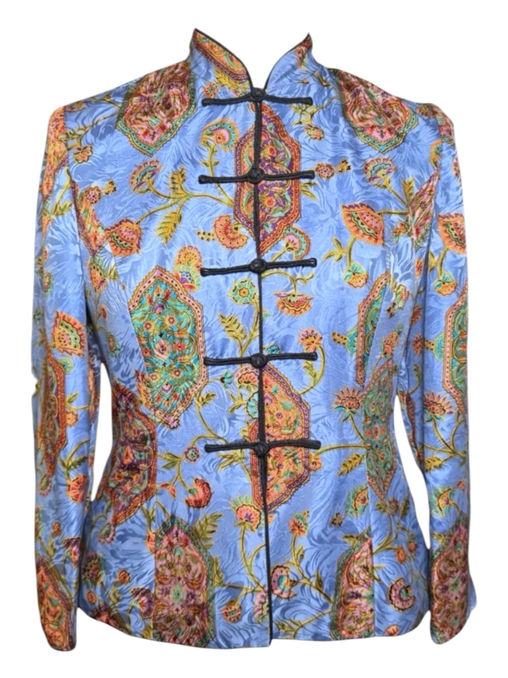 Adrianna Papell Blue Safe Silk Vibrant Vintage Mandarin Jacket